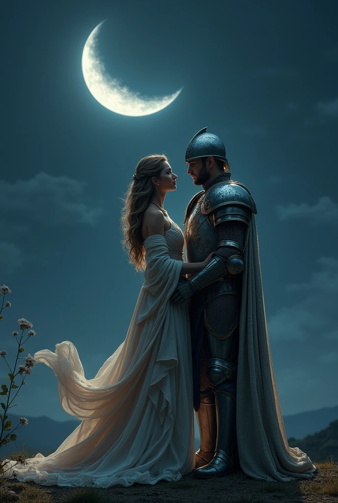 Dame and knight together on a moon night. Face should be towards the moon 