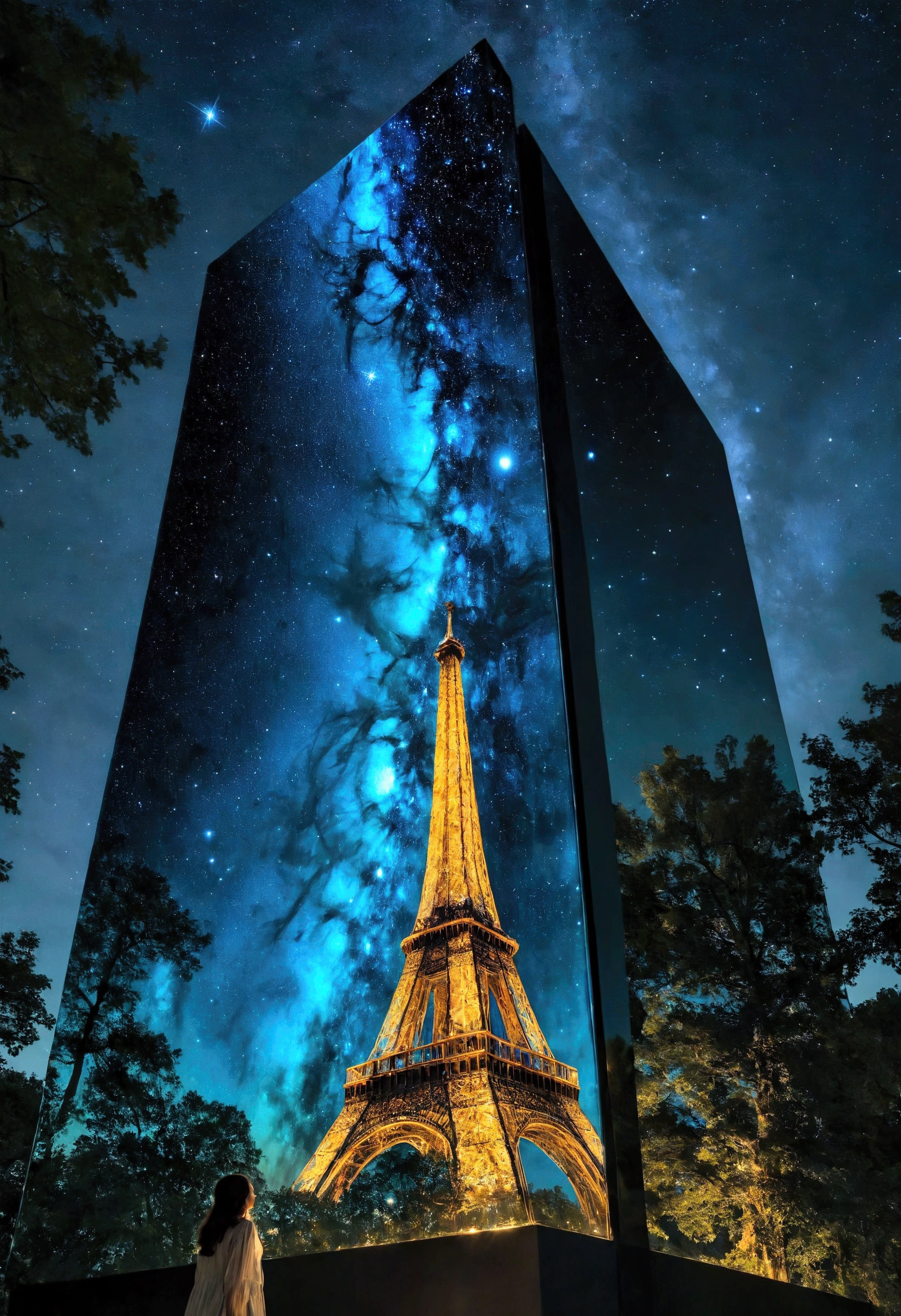 Capture an award-winning, ultra-realistic photograph of a beautiful monument build entirely by glass in the night. The beautiful monument build entirely by glass is flawless, creating a smooth, mirror surface that reflects the luminous stars in the clear night sky above. The composition should give the impression that the beautiful monument build entirely by glass is the continuation of starry night sky, as if the beautiful monument build entirely by glass also host the heavens. The clear, crisp air of the night enhances the serenity of the scene, with the soft glow of the stars casting a subtle, ethereal light on the glass surface. The reflection is so perfect that it blurs the line between the sky and the beautiful monument build entirely by glass , creating a surreal, dreamlike atmosphere. The overall image should evoke a sense of tranquility and wonder, capturing the beauty of both the the night sky and the reflection in a harmonious, breathtaking composition.
