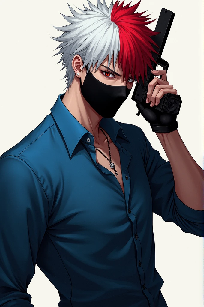 Male character with white and red hair with a black mask a gun in his hand and a blue shirt
