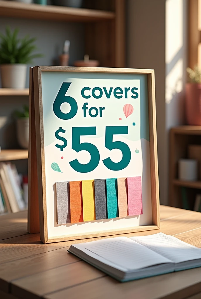 Create a sign for stationery that , :
-Covers are made -Great Promotion of six Covers for 5 dollars in Spanish