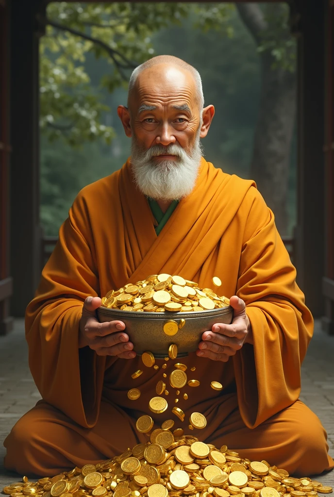 A monk holds a bowl overflowing with gold coins in his hand.,superfine