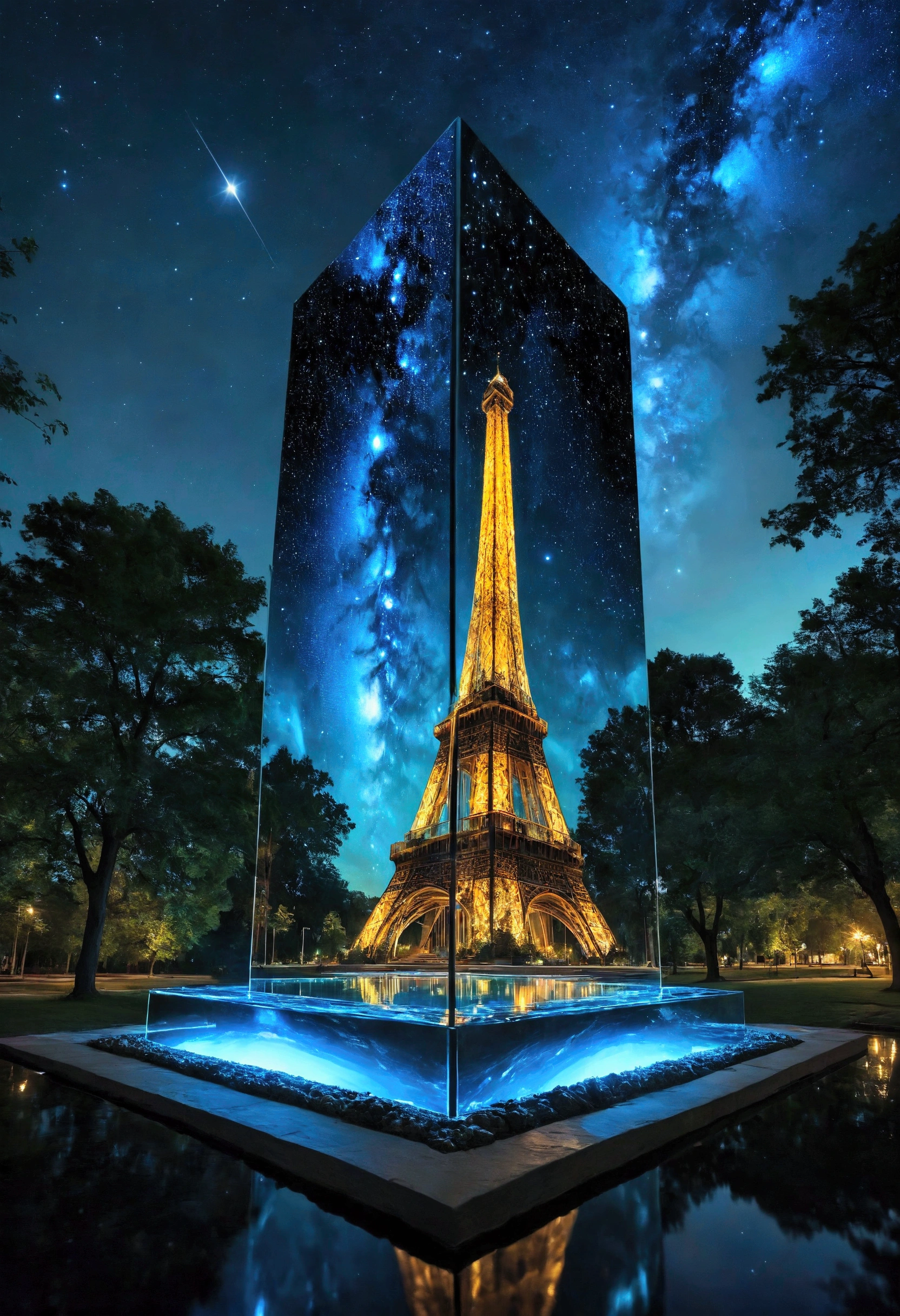 Capture an award-winning, ultra-realistic photograph of a beautiful monument build entirely by glass in the night. The beautiful monument build entirely by glass is flawless, creating a smooth, mirror surface that reflects the luminous stars in the clear night sky above. The composition should give the impression that the beautiful monument build entirely by glass is the continuation of starry night sky, as if the beautiful monument build entirely by glass also host the heavens. The clear, crisp air of the night enhances the serenity of the scene, with the soft glow of the stars casting a subtle, ethereal light on the glass surface. The reflection is so perfect that it blurs the line between the sky and the beautiful monument build entirely by glass , creating a surreal, dreamlike atmosphere. The overall image should evoke a sense of tranquility and wonder, capturing the beauty of both the the night sky and the reflection in a harmonious, breathtaking composition.