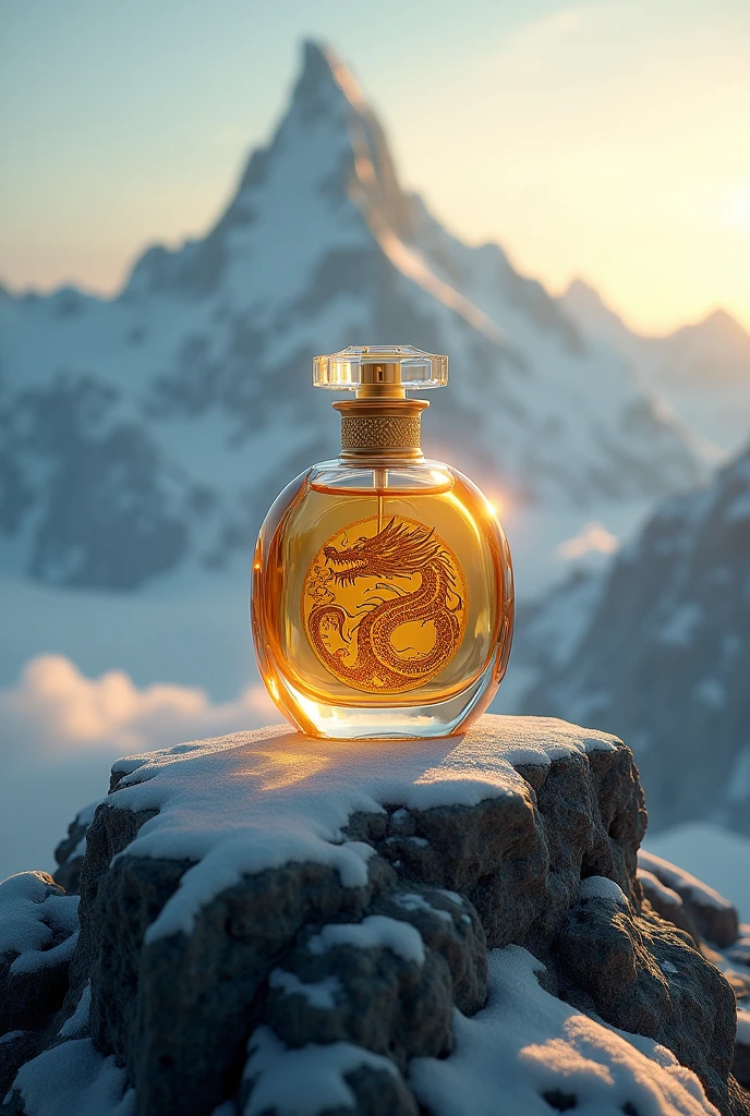 perfume commerical ad , golden perfume with logo of chinese dragon , white background ,3D , cinematic atmosphere , dramatic lighting , on top of mountain , fantasy