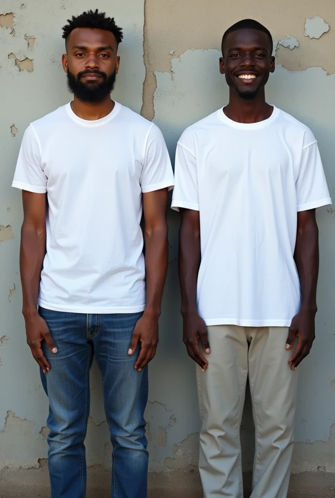 Create a split-image of the same light skinned 21 years old Ethiopian man shown side by side against a messed up wall as a background to illustrate a before and after transformation. In the 'before' image on the left, depict the man as shorter and wearing a plain white T-shirt and jeans. In the 'after' image on the right, show the same man taller, with no change in physique, wearing the same white T-shirt but with casual pants instead. Both images should have the man smiling and looking directly at the camera, with a noticeable difference in height and little difference on presence. The background should be the same for both pictures and minimalist with natural lighting, highlighting the transformation. Make the picture realistic