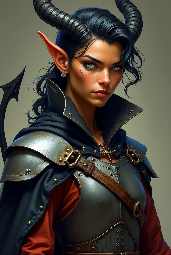 Imagine an adult tiefling warrior with tan skin, with a warm, metallic tone that glows softly in the sunlight, highlighting its infernal heritage with a distinctive elegance. Your eyes are a light blue, with vertical pupils reminiscent of a feline, observing the world around with a mixture of sagacity and prudence.

Your hair is thick, wavy, and a shiny black, cut in a practical way. On the sides of the head, the hair is shorter, highlighting the slender, curved horns that rise gently backwards, polished and of a color similar to ebony. The contrast between the dark horns and the tanned skin creates an imposing and fascinating image..

His face is angular, with a strong jaw and thin lips, displaying an expression of firm determination. The eyebrows are well defined, further accentuating his piercing eyes. Small details adorn your appearance: a simple silver earring in one ear and a thin scar that cuts across his left eyebrow, Memory of a Past Battle.

He wears light armor, but robust, made of darkened leather and reinforced with dark, weathered metal plates. The armor is fitted to your athletic body, allowing you to move with agility and precision on the battlefield. A long cloak, of a resistant and dark fabric, with a deep red lining, complements your look, protecting it from the elements and increasing its intimidating presence.

Your tail, muscular and agile, ends in a sharp point, balancing his posture as he moves with controlled grace. This tiefling warrior is the embodiment of strength and strategy., with an appearance that reflects both the nobility and ferocity of his spirit.






