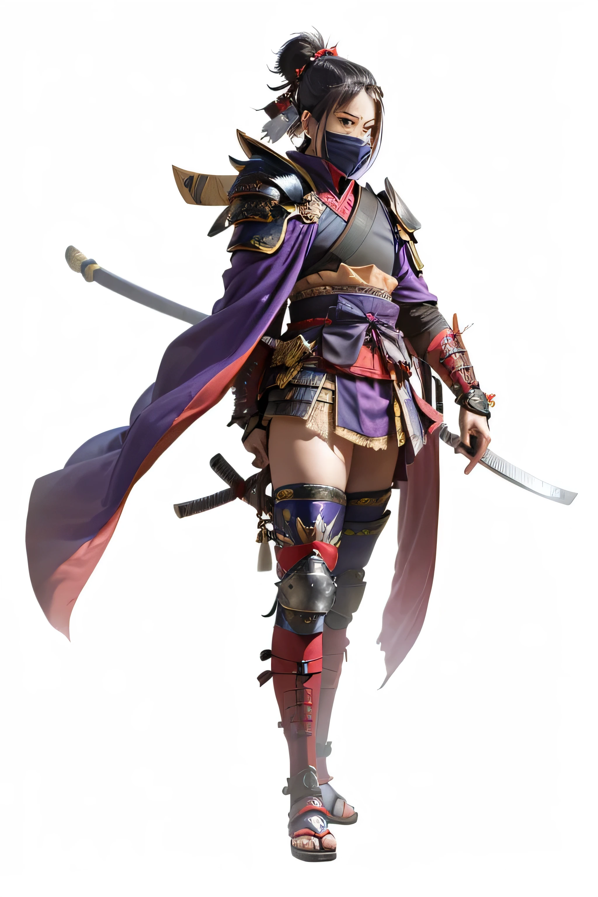((ninja)), masterpiece image, high resolution image, ((samurai style shoulder armor)), ((samurai style knee armor)), samurai style shin guard armor, ((purple cape))