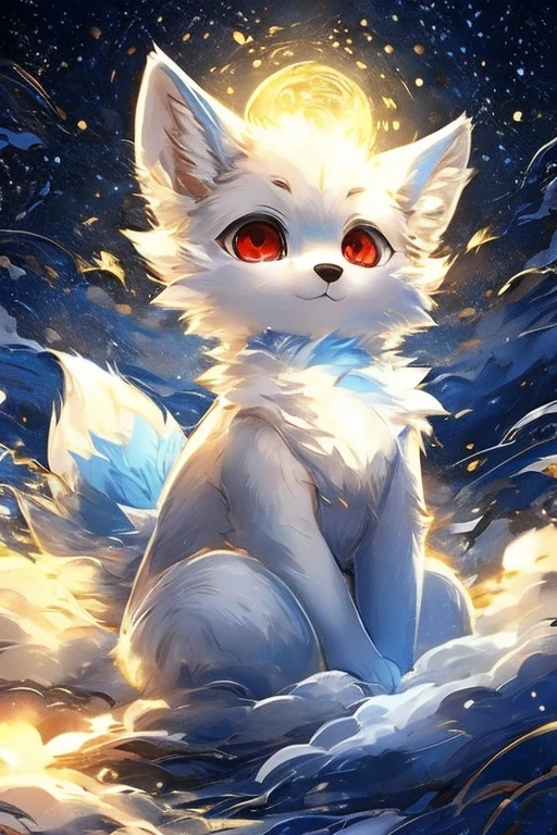An animal, a small, fluffy fox of light blue color Bright, red eyes