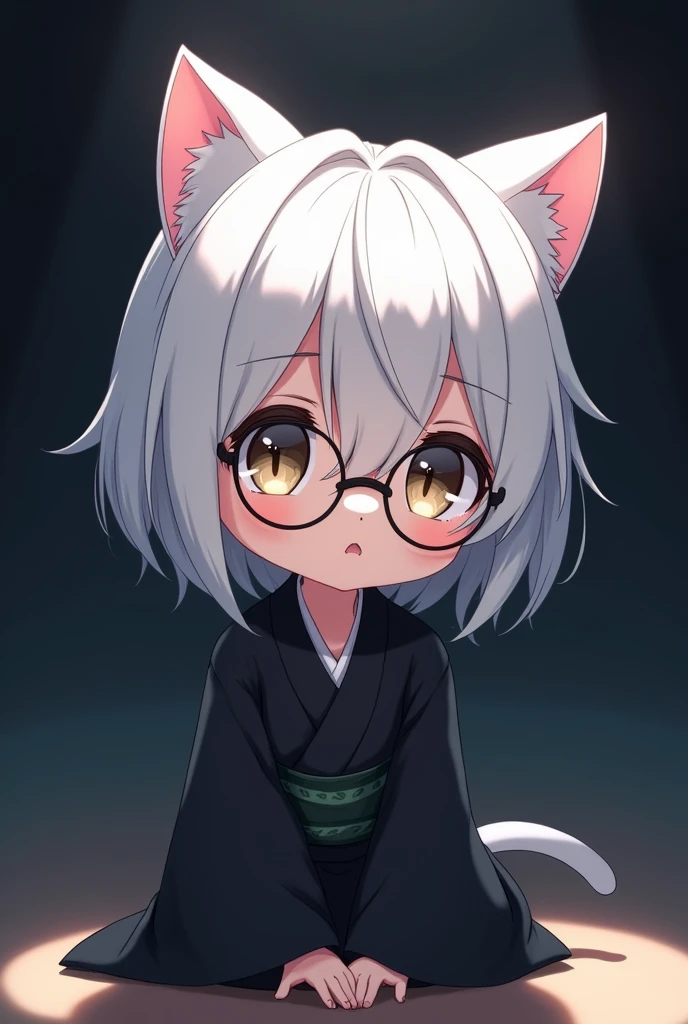 Cutie stick Chibi boy anime short white hair round glasses black kimono straight hair dark background fair skin mature face shading cat ears