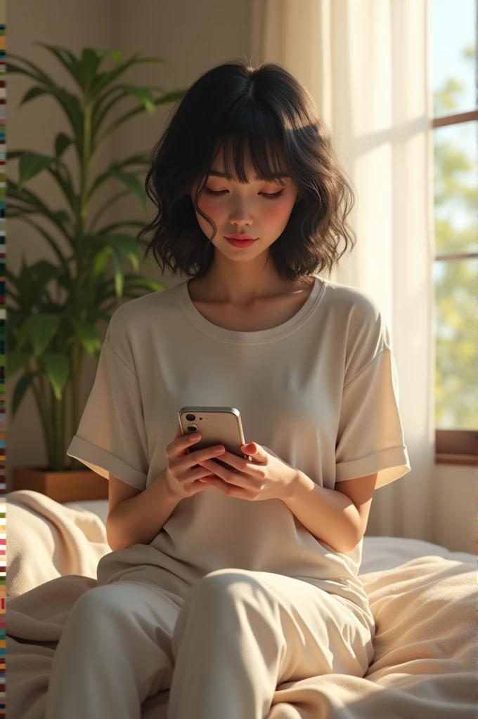 (photorealism:1.2), beautiful woman, sitting on bed, wearing white loose t-shirt, pajama pants, wavy black wolfcut hair, indoors, soft lighting, plants in background, window with sunlight, cozy room, relaxed pose and holding a phone, realistic, intricate details, warm colors.