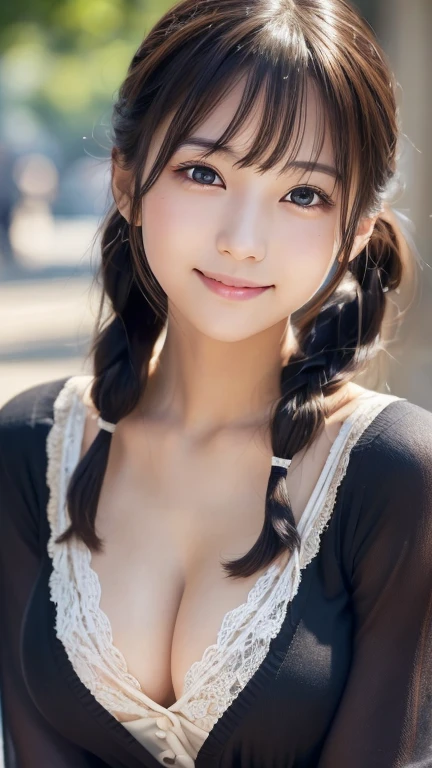 masterpiece, One person美しい, detailed, Swollen eyes, Highest quality, 超High resolution, (reality: 1.4), Original photo, One person, Cinema lighting, Laughter, Japanese, Asian Beauty, Proper, Very very beautiful, Young Face, Beautiful skins, thin, Simple Background, (超reality的な), (Awareness-raising), (High resolution), (8k), (非常にdetailedな), (The best Awareness-raisingns), (Beautiful and detailed eyes), (超detailedな), (wallpaper), (detailedな顔), Looking at the audience, 細かいdetailed, detailedな顔、Deep Shadow、Inconspicuous、Pure Erotic Face Ace_v1、smile、46 point diagonal bangs、(Look straight ahead)、cardigan、sheer、black eye、Twin tails、Cleavage、Small breasts、Moe sleeves、