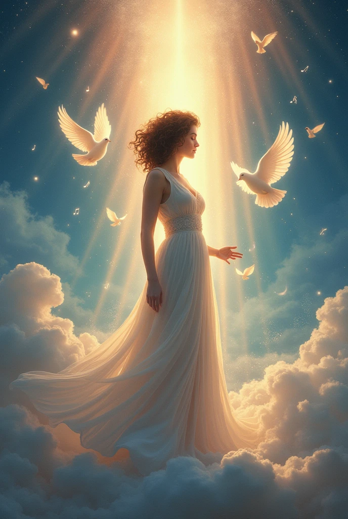 An enchanting scene featuring a young brunette girl with curly hair and generous breasts, in an inspired pose, flowing white dress. Behind her, an infinite, mystical sky of deep, soothing colors. Rays of light shine through the composition, irradiating the whole with a spiritual, transcendent atmosphere. These elements evoke recurring themes in the music: the discreet connection with the divine, the elevation of the soul, the benevolent presence of very discreet celestial beings, very small luminous doves. Very small musical notes. The image must exude a sense of peace, harmony and inspiration, in the image of the artist and his work”.

Tra