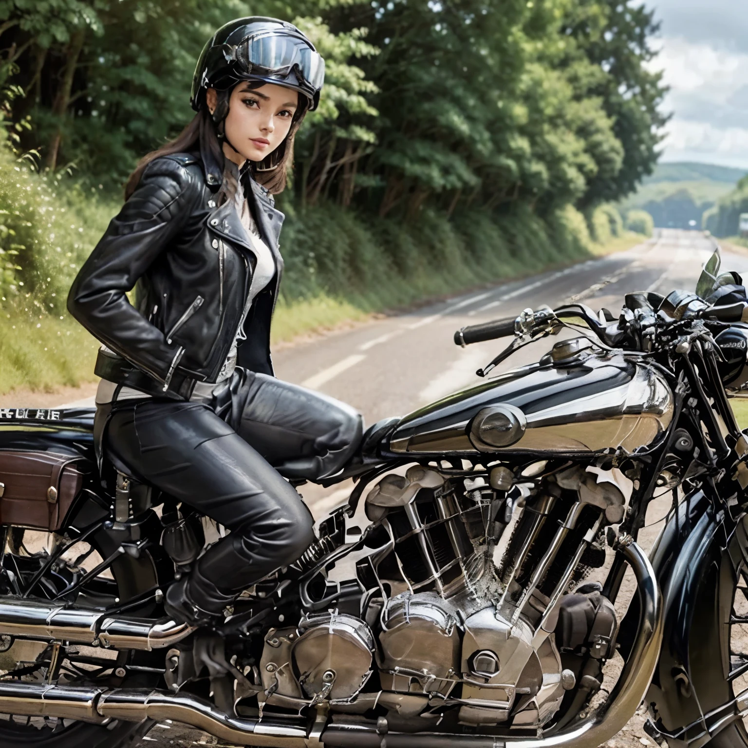 Bluff Superior SS100、(Ride a classic motorcycle )、(Vintage Bikes、Bluff Superior SS100)、Isle of Man Races、(Souvenir photo of beautiful female rider)、(Black leather jacket)、Cromwell helmet with goggles、After the Rain、English countryside、 Detailed Description、(Highest quality, masterpiece, High resolution)、8k、wallpaper