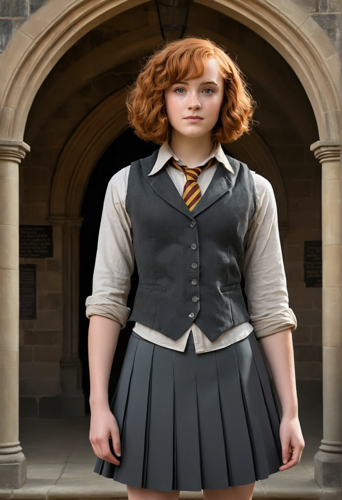 An illustrated movie poster, hand-drawn, full color, a Hogwarts student, wearing a charcoal vest and a pleated skirt, tall, toned, amazonian stature, athletic hourglass figure, auburn hair, curly bob cut, flushed sun-kissed complexion, freckles, standing in a Hogwarts Courtyard, graphite shading, stencil marks, airbrushed acrylic paint, masterpiece, in the Deathly Hallows 