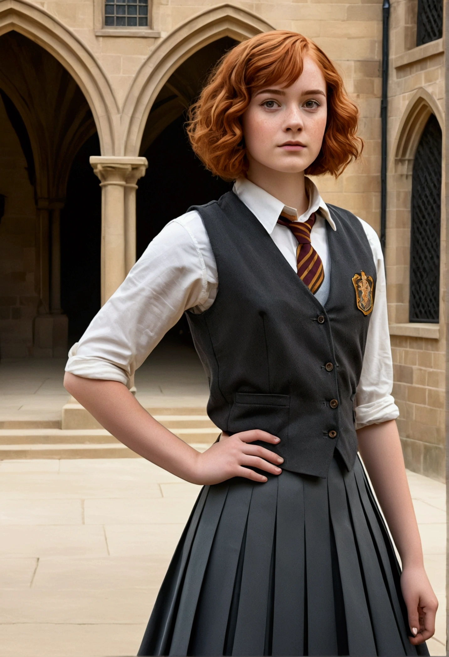 An illustrated movie poster, hand-drawn, full color, a Hogwarts student, wearing a charcoal vest and a pleated skirt, tall, toned, amazonian stature, athletic hourglass figure, auburn hair, curly bob cut, flushed sun-kissed complexion, freckles, standing in a Hogwarts Courtyard, graphite shading, stencil marks, airbrushed acrylic paint, masterpiece, in the Deathly Hallows 