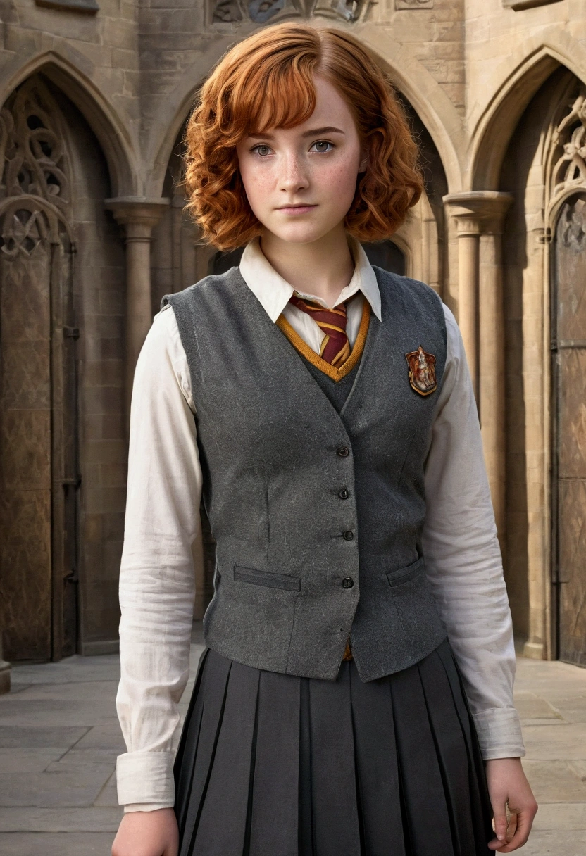 An illustrated movie poster, hand-drawn, full color, a Hogwarts student, wearing a charcoal vest and a pleated skirt, tall, toned, amazonian stature, athletic hourglass figure, auburn hair, curly bob cut, flushed sun-kissed complexion, freckles, standing in a Hogwarts Courtyard, graphite shading, stencil marks, airbrushed acrylic paint, masterpiece, in the Deathly Hallows 