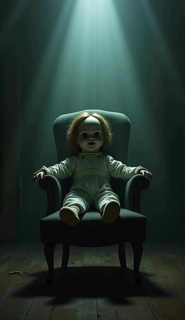 The haunted Robert doll sitting in a chair in a dark room, with shadows dancing around him, creating an atmosphere of fear and unease