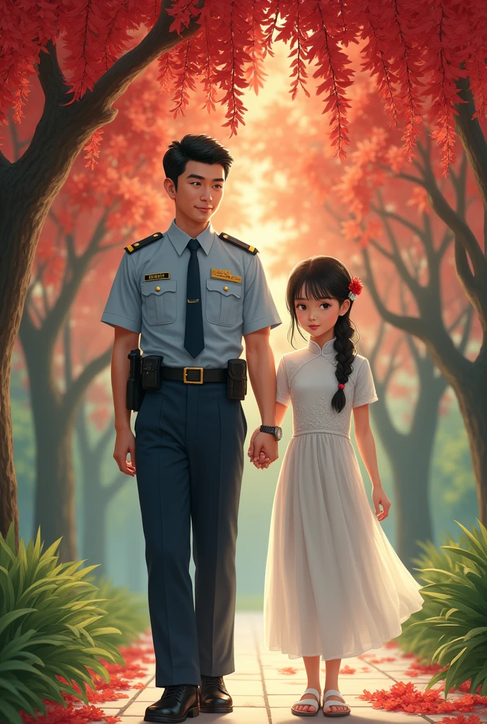 The policeman is holding the hand of a girl wearing a white ao dai walking under the royal poinciana flowers. 