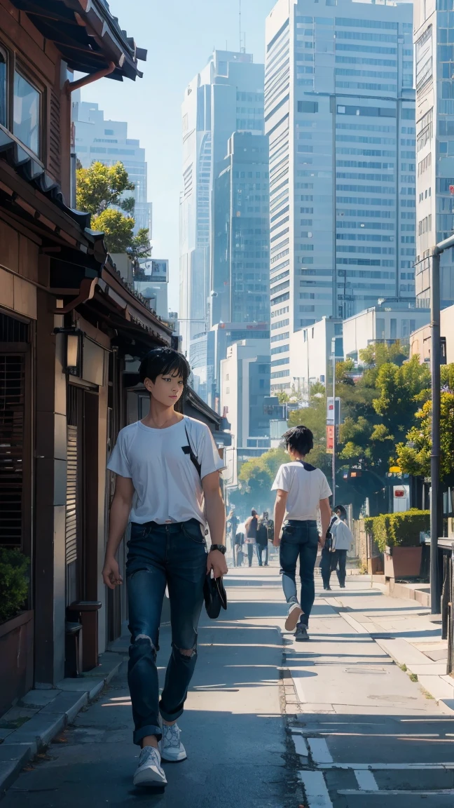 （（（8k. ＨＤＲ.Surrealism、Movie、Highest Quality 1.2、 Very detailed、Very detailed、Perfect Shadow、Low angle full body shot 1.2、1 photo、Commercial photo 1.2、50 mm 、Film Grain、University campus）））、（Boys、Black Hair）（（（White short-sleeved T-shirt、、jeans、White cloth shoes）））、 (Focus on the role、From the front、Standing), （Buildings during the day、Buildings during the day、Impressive campus、),(Focus on the role、Side Angle)、（White skin、tall、Black Hair、short hair）