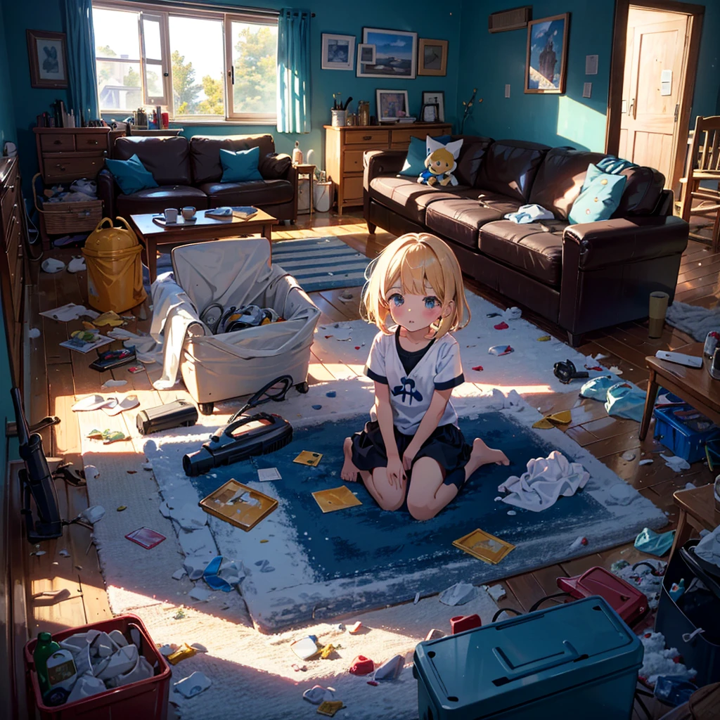 {{{Masterpiece, highest quality, high resolution background}}}, Bright and beautiful atmosphere, 1 girl (7 years old, round face, baby face), Small breasts, Living room, Lots of trash scattered, Stumbles with a vacuum cleaner Girl, "deltamon_sdXL :0.73)>Deltamon"