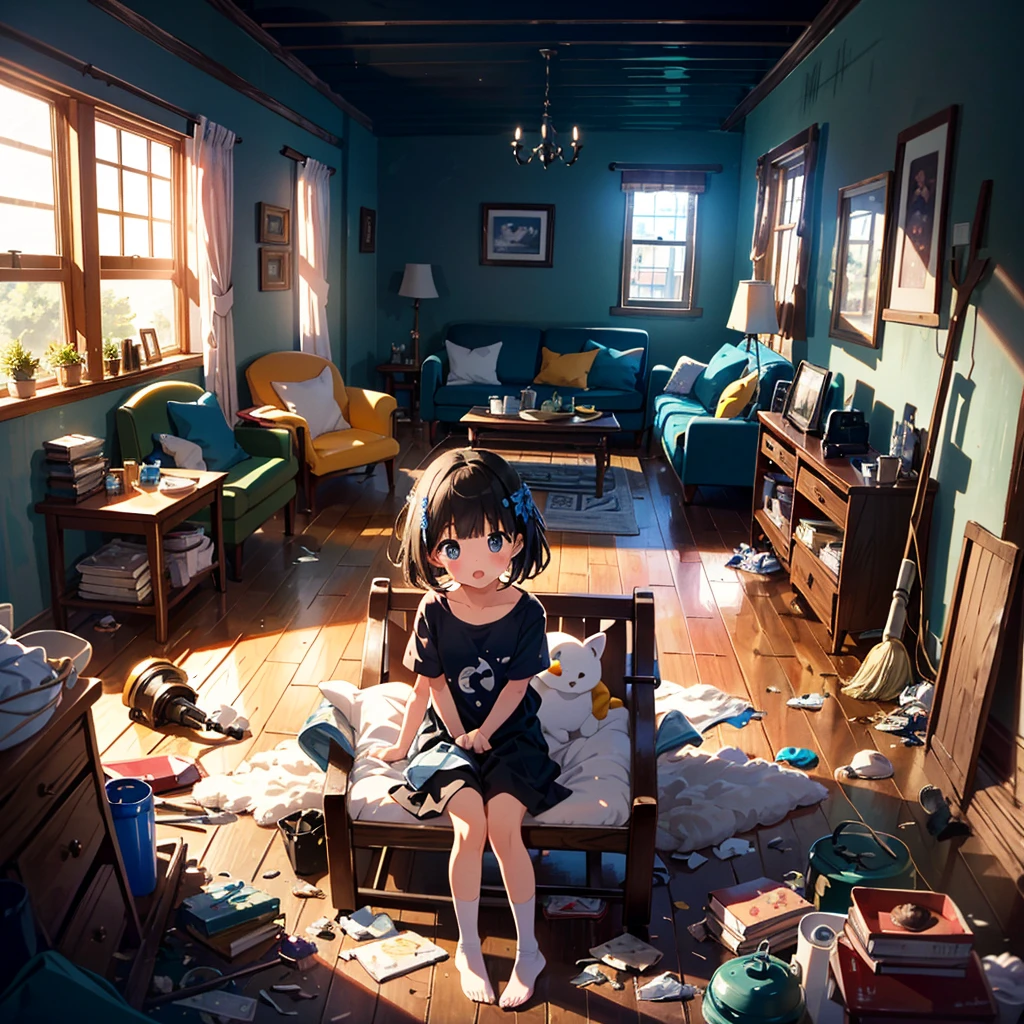 {{{Masterpiece, highest quality, high resolution background}}}, Bright and beautiful atmosphere, 1 girl (7 years old, round face, baby face), Small breasts, Living room, Lots of trash scattered, Stumbles with a vacuum cleaner Girl, "deltamon_sdXL :0.73)>Deltamon"