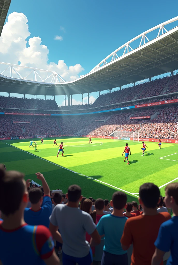 a football field with fans in the background