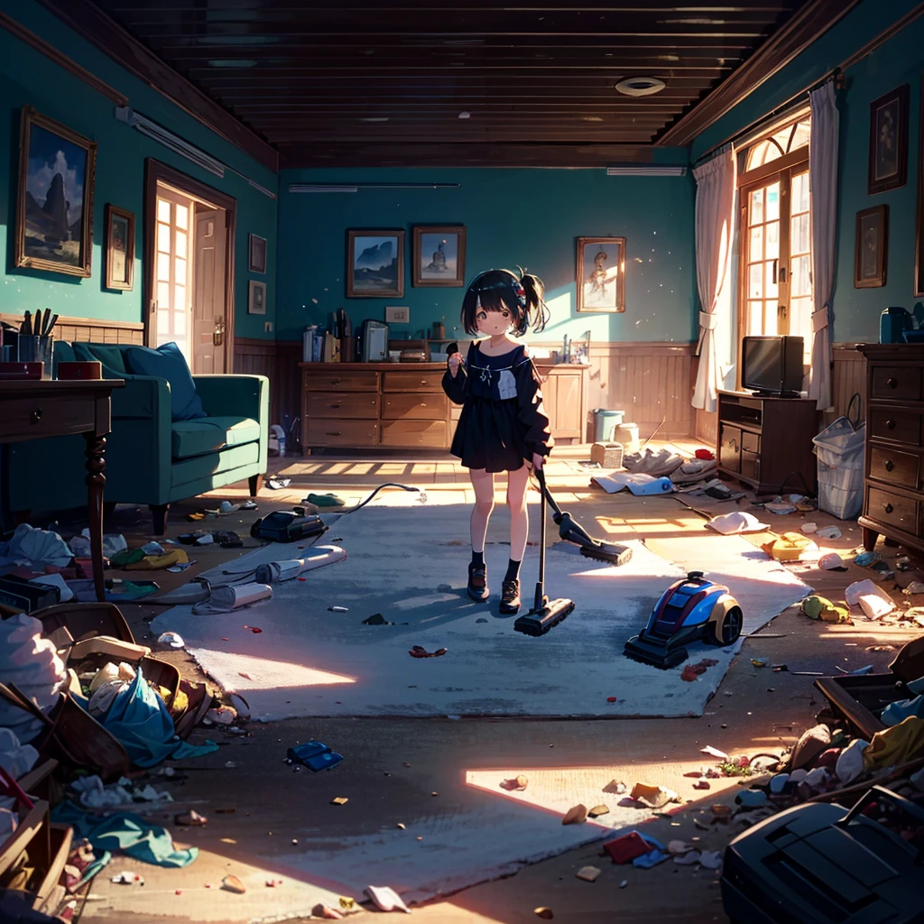 {{{Masterpiece, highest quality, high resolution background}}}, Bright and beautiful atmosphere, 1 girl (7 years old, round face, baby face), Small breasts, Living room, Lots of trash scattered, Stumbles with a vacuum cleaner Girl, "deltamon_sdXL :0.73)>Deltamon"