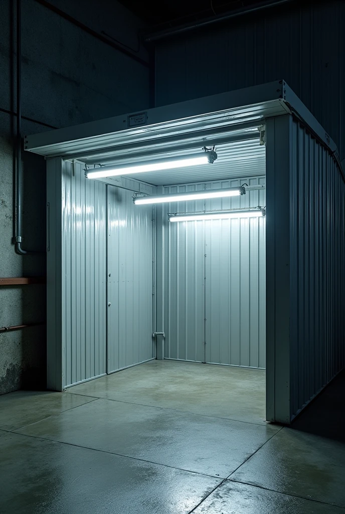 Create an industrial shed illuminated by white LED lamps in tubular shape