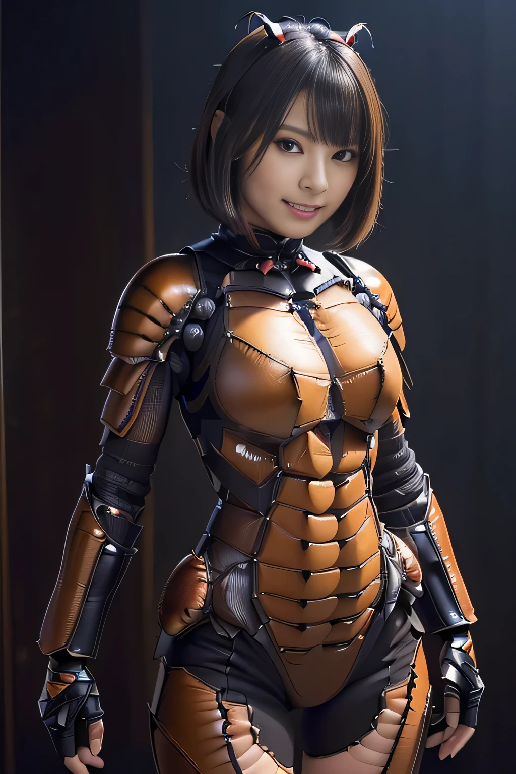 (high resolution,masterpiece,best quality,extremely detailed CG, anime, official art:1.4), realistic, photo, amazing fine details, all intricate, gloss and shiny,awesome many layers, 8k wall paper, 3d, sketch, kawaii, illustration,( solo:1.4), perfect female proportion,villainess, (fusion of dark brown cockroach and lady:1.4), (brown cockroach form lady:1.2), (brown cockroach lady:1.2), (fusion:1.2), (solo:1.4), (evil smile:1.2), muscular, abs, (cockroach brown exoskeleton bio insect suit:1.4), (cockroach brown exoskeleton bio insect armor:1.2), (brown transparency cockroach wing:1.4), (brown cockroach antennae:1.3),