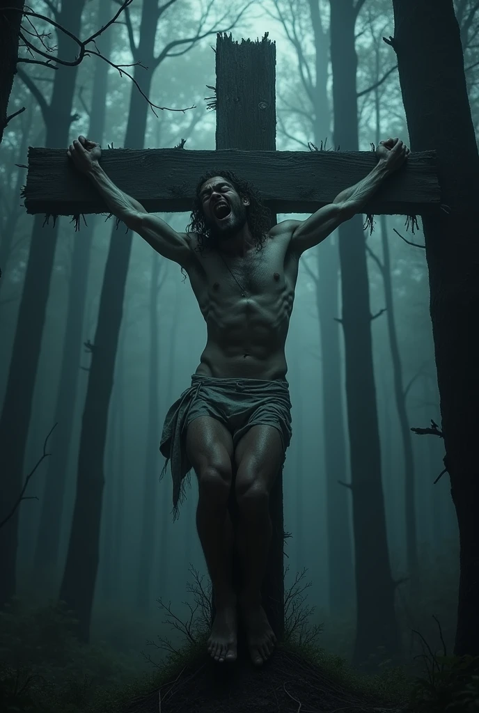 Man alone with arms spread and the two main nailed on a Christian cross, the man is crucified on the cross. It is in the middle of a gloomy and terrifying forest at night. Photorealistic style.