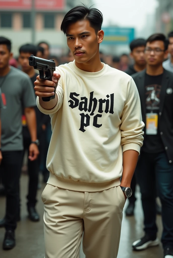 (make me a hyper realistic photography HD 18K photo showing a handsome Indonesian man with yellow skin, neat side part hair, stocky and sturdy body, slightly fat, wearing a crewneck sweater with the words "Sahril Pc" in a complicated font style, cream chino pants and black and white nike shoes. the man appears to be standing casually while putting his left hand in his pants pocket and his left hand is holding a walther PPK while aiming at the target in front of him. in the background there are many people looking at the man around him.