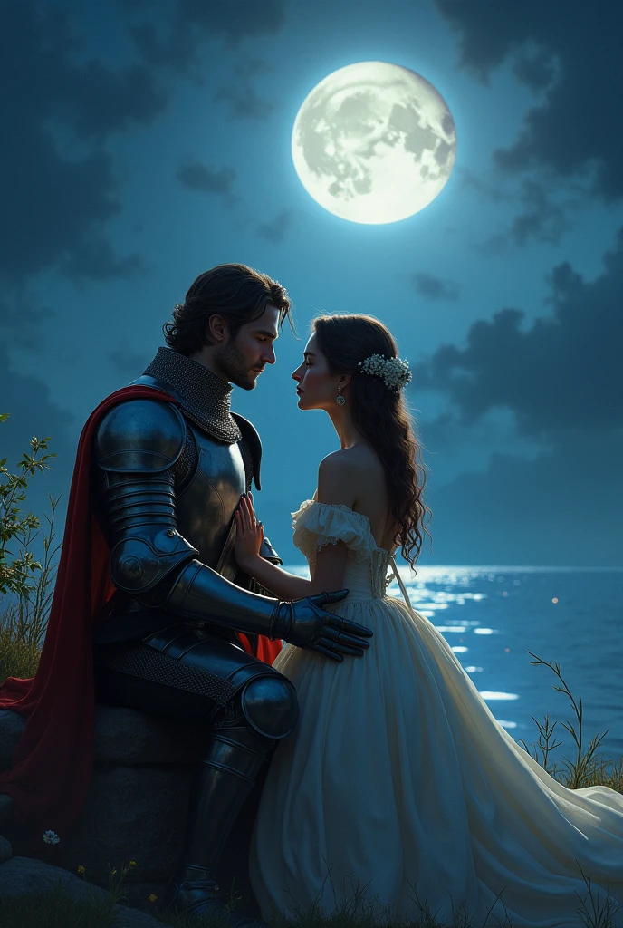 Dame and knight together on a moon night. Sitting. Facing opposite