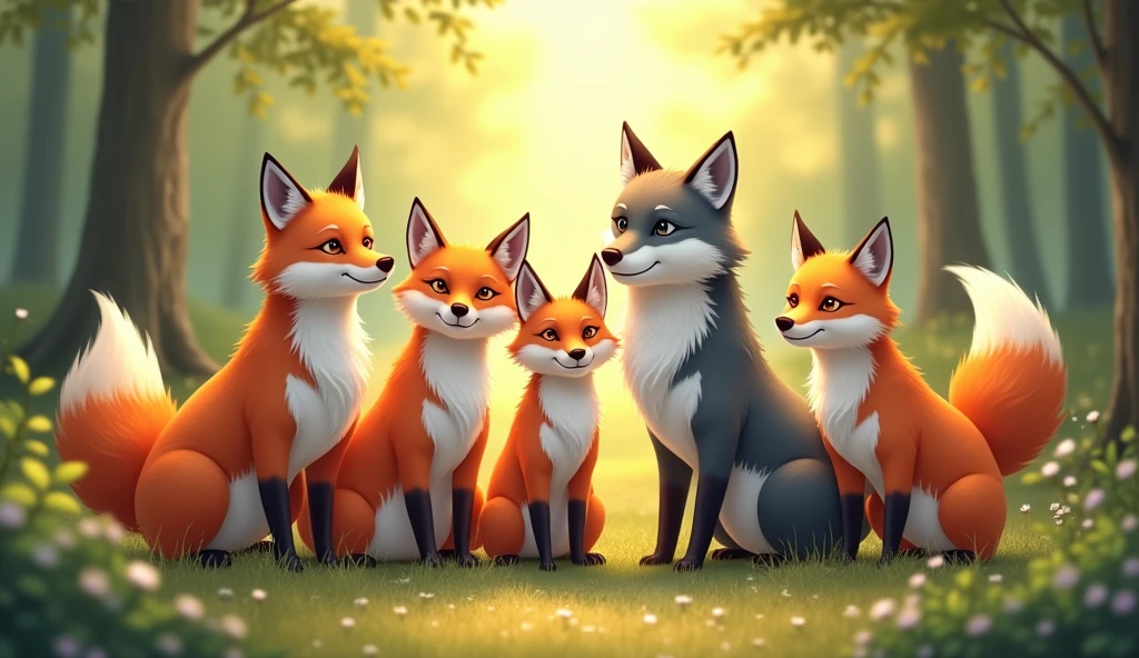 SEVERAL FOXES AND WOLVES IN HARMONY LOOKING AT THE CAMERA, happy