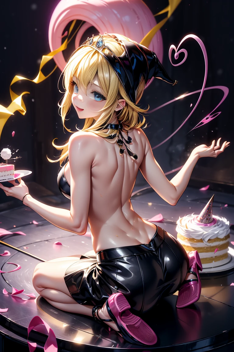 (masterpiece:0.7), Best Quality, figure, 1 Black Magician Girl, Short skirt, shirt, footwear, broken heart necklace, outside, black hole in the background, performer, null間, At the bed, Best Quality, High resolution, Very detailed, Detailed Background, Perfect lighting, (colorful, Bright colors:1.4), Blonde, Cotton candy cloud, null, smile, Dynamic pose, Beautiful pose, (only), (Floating Color Ink:1.15), (Muchos toques colorfuls:1.0), (Floating Pink Blade:1.25), (Vortex Magic:1.1), (relaxed, cake:1.2), (Multicolor:1.0), (A delicate and beautiful shine:1.0), (Slime Body:1.2), (Dark look:1.0), (Open your mouth:1.0), (Shadow), (Blonde:1.4), (By width:1.0), (From the back:1.3), (Devil's Halo:1.3), (lower one's head:1.0), (Dynamic pose:1.1), (Asymmetrical Hair:1.2), (ブルーカラーのshirt:0.7), (army), (Puffy Dress), :1.4), Diagonal stripe, Blonde, (Floating Cable:1.0), (winter:1.4), (internal, Inside the room:1.1), (((tiara, The witch has))), (Standing on one leg:1.1), (Glowing Skin:1.1), (Upper Body:1.25), latex clothing, Body of the Goddess, Half naked