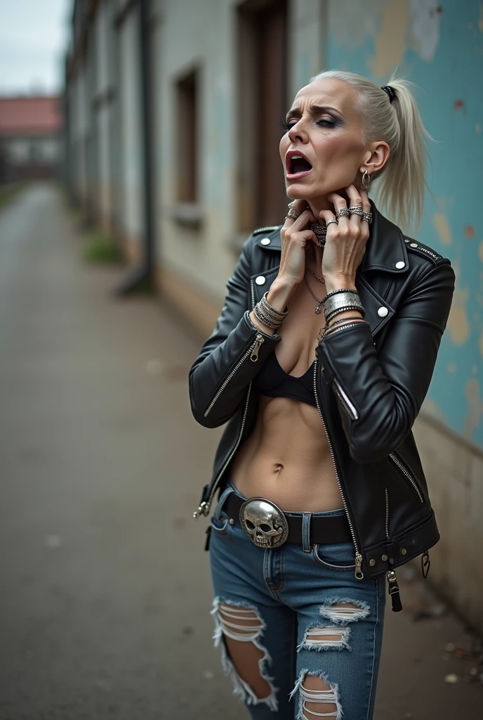 russian old milf woman, biker gang member, platinum hair (ponytail with shaved sides), with very light blue eyes, extremely pale, heavy eye shadows.. without bandana. Thin. Sad, humbled face. Wearing black moto jacket with hanging belts and side pockets with zippers. Black push up bra, skinny dark blue jeans with holes and white tennis sneakers. Lots of metallic bracelets. Tacky wide belt with massive skull and bones buckle . Both hands caress her neck. Lots of rings. Wide loop earrings. Looks up with amazement because she thinks God is talking to her, mouth and eyes open.