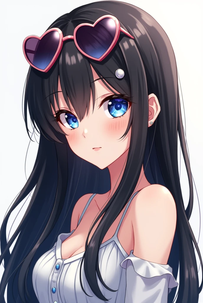 アニメ, Pretty tall beautiful girl, long black hair, blue eyes, not too big chest, heart sunglasses on hair 