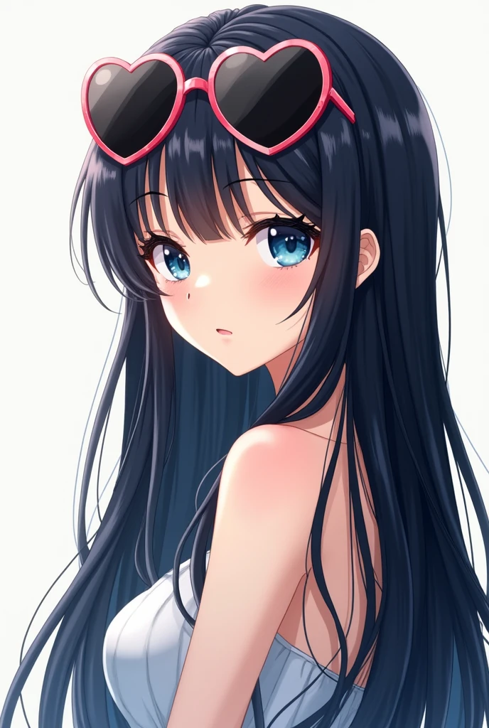 アニメ, Pretty tall beautiful girl, long black hair, blue eyes, not too big chest, heart sunglasses on hair