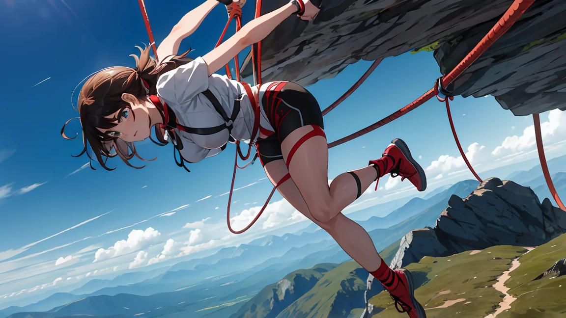 The same person is holding on to a tight rope while trying to climb a mountain.