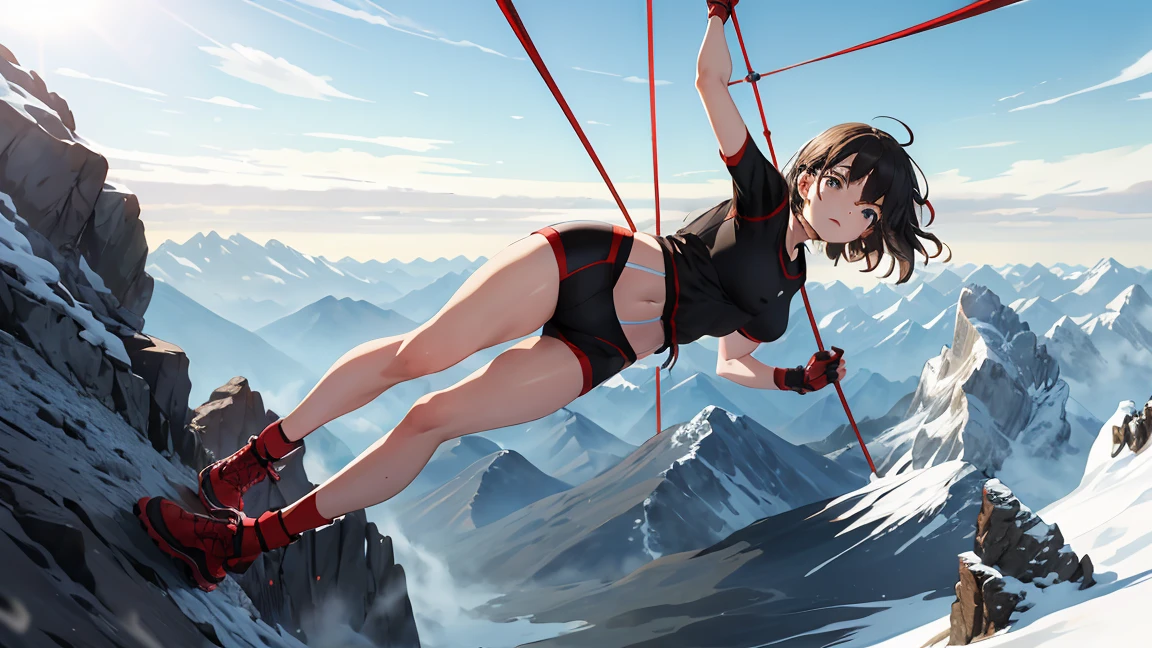 The same person is holding on to a tight rope while trying to climb a mountain.