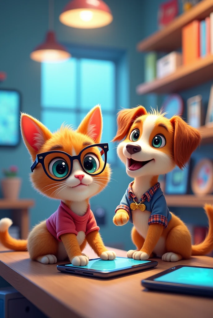 Create a creative photo for your Facebook profile for an electronics store, where the store's mascot would be a cat and a dog , the name of the store is Shop & Click