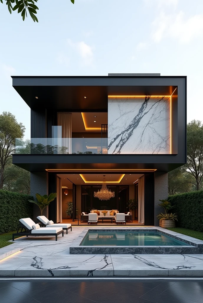 Create an image of a mini  luxury modern house that includes underground garage,pool . The is build on 40×80 feet .house them is black, white,gold and marble 
