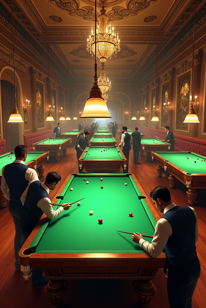 Billiard club having alot of billiard tables in a decorated hall