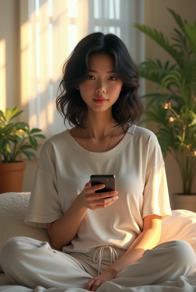 (photorealism:1.2), beautiful woman, sitting on bed, wearing white loose t-shirt, pajama pants, wavy black wolfcut hair, indoors, soft lighting, plants in background, window with sunlight, cozy room, relaxed pose and holding a phone, realistic, intricate details, warm colors.