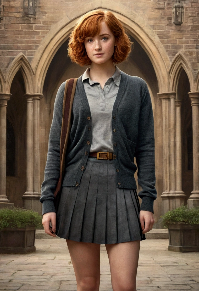 An illustrated movie poster, hand-drawn, full color, a female.Hogwarts student, wearing a charcoal cardigan and a pleated skirt, tall, toned, amazonian stature, athletic hourglass figure, auburn hair, curly bob cut, flushed sun-kissed complexion, freckles, standing in a Hogwarts Courtyard, graphite shading, stencil marks, airbrushed acrylic paint, masterpiece, in the Deathly Hallows 