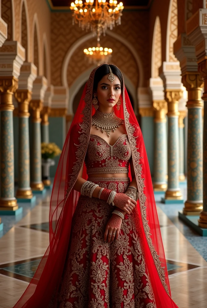a moroccan wedding, detailed ornate moroccan architecture, intricate moroccan patterns and textures, opulent moroccan decor, ornate moroccan lamps, moroccan style traditional wedding, beautiful moroccan bride, ornate moroccan wedding dress, detailed moroccan jewelry, intricate henna patterns, (best quality,4k,8k,highres,masterpiece:1.2),ultra-detailed,(realistic,photorealistic,photo-realistic:1.37),ornate,vivid colors,dramatic lighting,cinematic