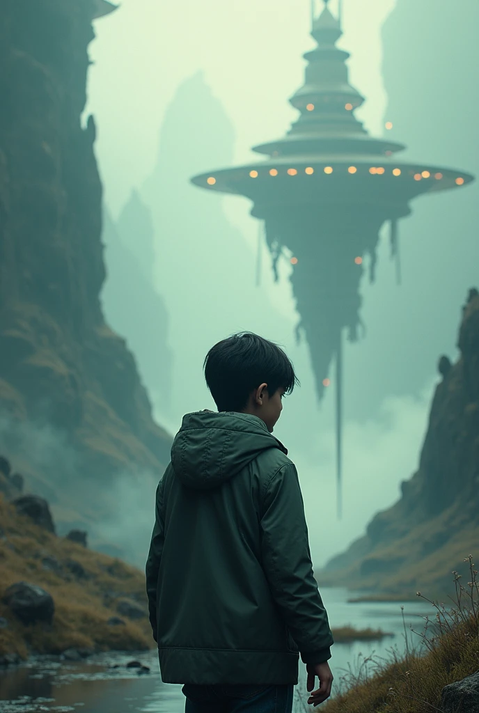 A boy wearing hoodie , 3rd person view , in a mythical fantastic world