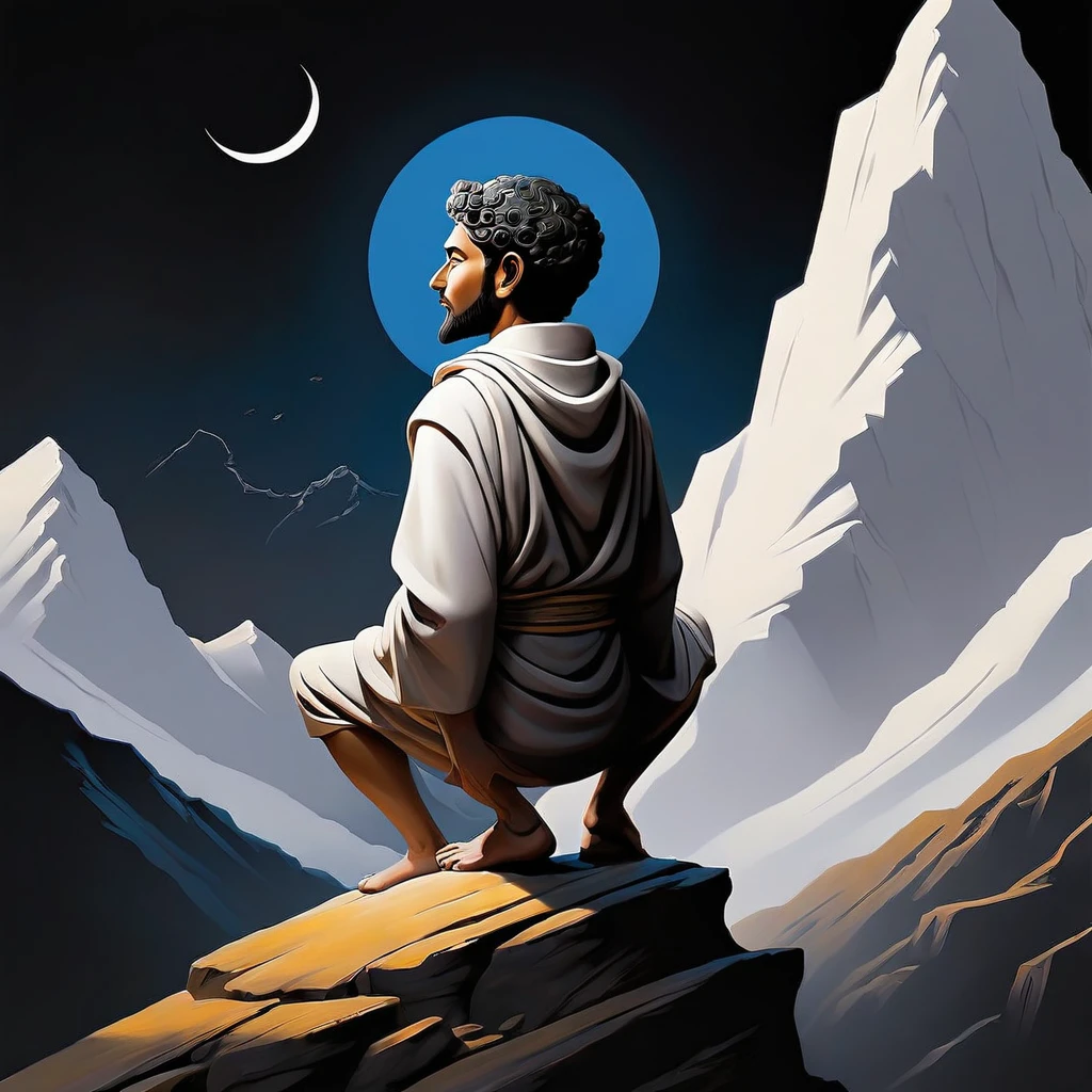 read with understanding "stoic leap" paint on a black background in white, facial expression A person sitting in a meditative position on a mountaintop, looking into the distance. The figure is shadowed, and in the background be creative