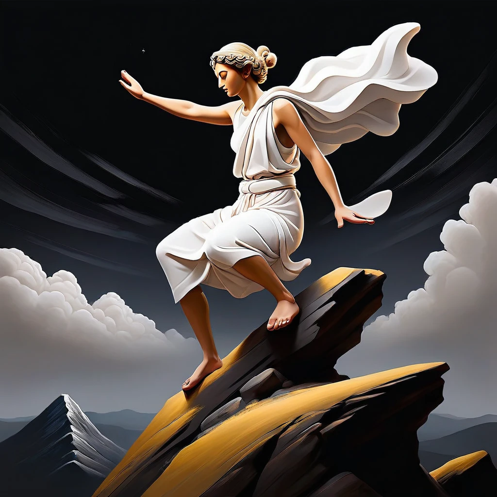 read with understanding "stoic leap" paint on a black background in white, facial expression A person sitting in a meditative position on a mountaintop, looking into the distance. The figure is shadowed, and in the background be creative