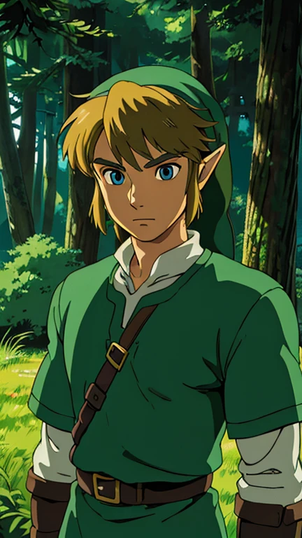 (1boy, solo, link), (extremely detailed CG unit 8k wallpaper),(master part), (best quality), (ultra detail), (best illustration),(ghibli style), cowboy shot, (Sharp eyeliner, ombre, detailed eyes:1), forest, outdoors background, ,break,  (GHIBLI_Background), upper body, the legend of zelda, tunic, hat,