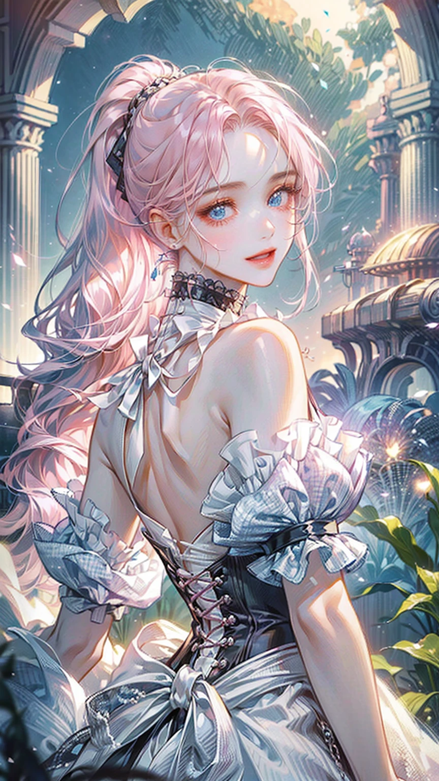 ((best quality)), ((masterpiece)), ((Modern Fantasy)), ((illustration)), (detailed), (clear), (Perfect), 1 woman, 19 years old, beautiful, pure, smile, Ponytail long pink hair, pink bangs, white skin, Jewel-like blue eyes, abundant eyelashes, Deep double eyelids, pretty lips, big bust, small waist, plain white blouse, The action of looking back