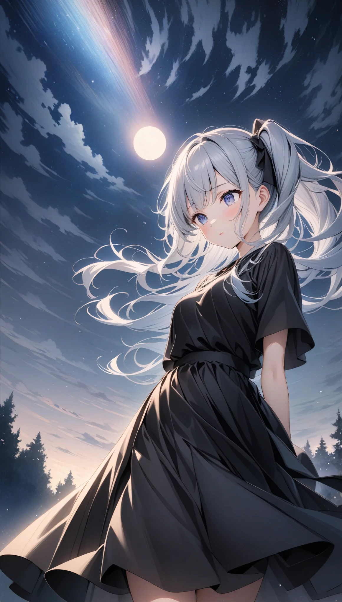 ((style:Colored pencil,pale colour)),(anime)、(masterpiece:1.2),Atmospheric perspective,Lens flare、cute、Hair blowing in the wind、((A simple black dress))、Starry night sky、Moonlight pours down from above、Very mysterious、Light effects、、Gray and white gradient hair color、Side Ponytail、((A work that visualizes the wind))、Looking down at the ground from the sky。Below is the forest、Use the Magic of the Wind